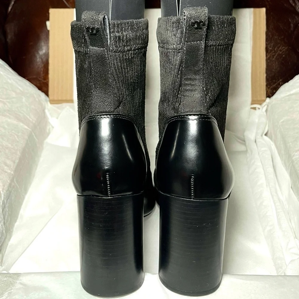 Tory Burch velvet sock booty block heels, NAPA leather black US 8.5